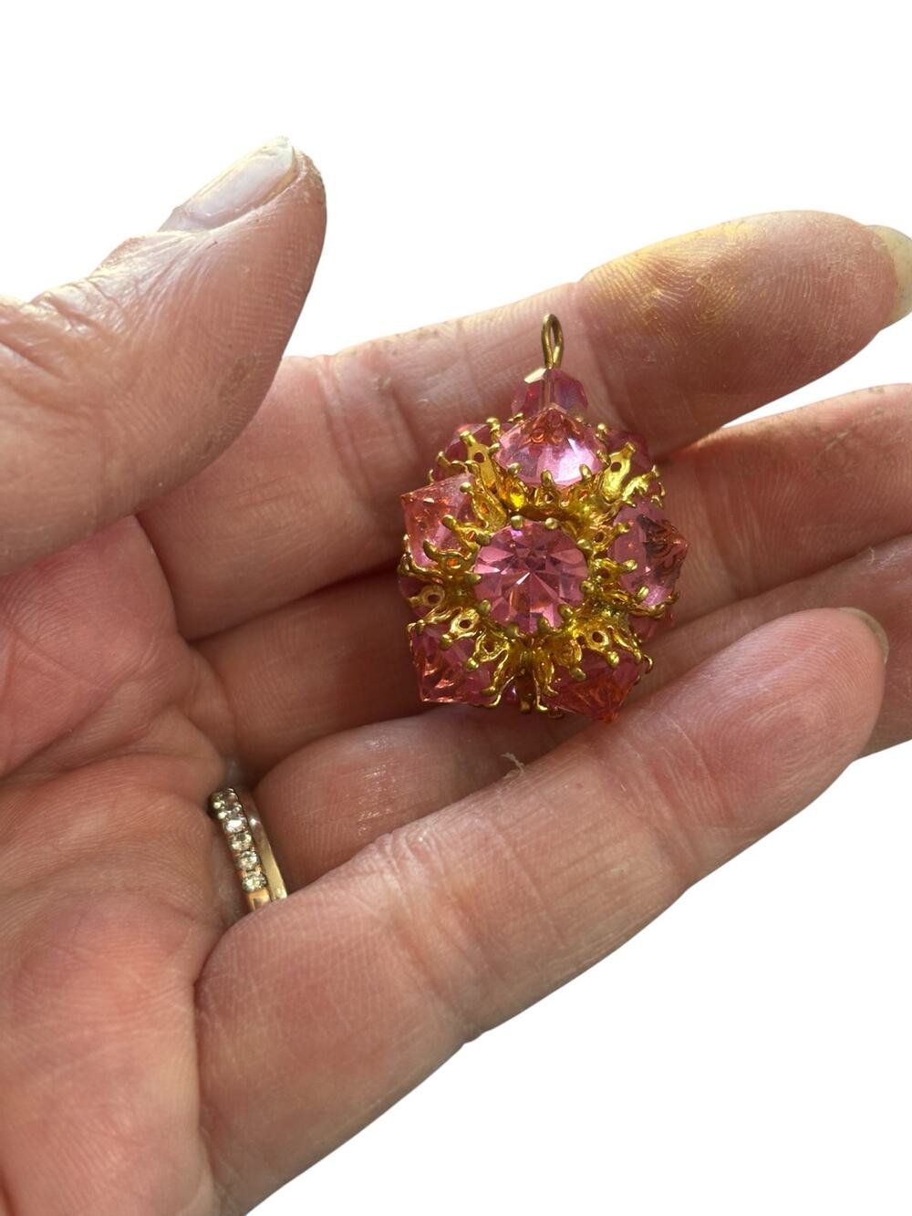 Vintage Pink Rhinestone Pendant Gold Tone Statement Glass Crystal Charm
